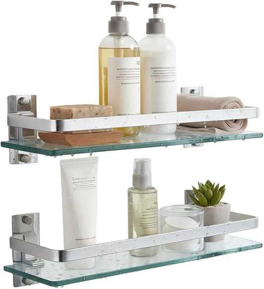 AIJALY 2 Pack Bathroom Glass Shelf,15.7 Inches Silver Bathroom Shower Glass Shelf Wall-Mounted, Metal Storage Floating Kitchen Shelf