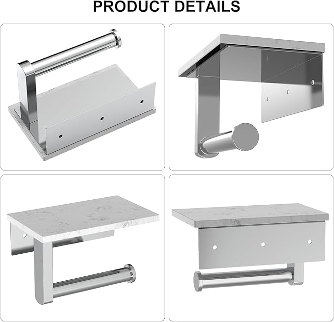 Toilet Paper Holder with Marble Shelf, 304 Stainless Steel Tissue Hand Holder Wall Mounted Toilet Paper Roll Hold with Phone Shelf for Bathroom Kitchen Washroom Bedroom, Chrome