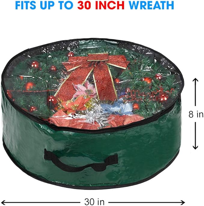 Propik Christmas Wreath Storage Bag 30" - Garland Holiday Container with Clear Window - Tear Resistant Fabric - 30" X 30" X 8" (Green)