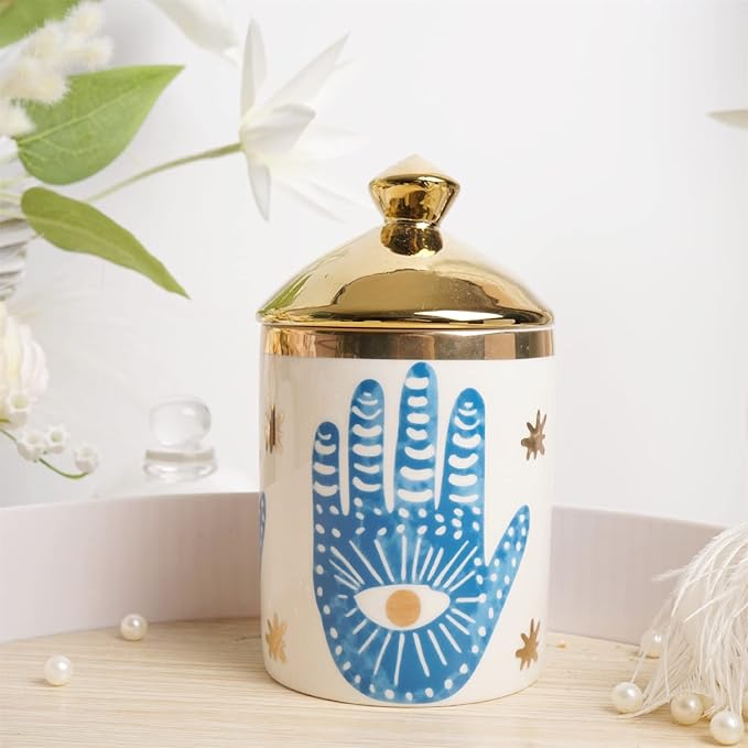 Big Eye Aromatherapy Candle Jar With Lid Ceramic Makecup Cotton Swab Holder Home Deocrative Bottler, Home Fireplace Kitchen Dining Decor For Living Room Knick Knacks Candle Holder