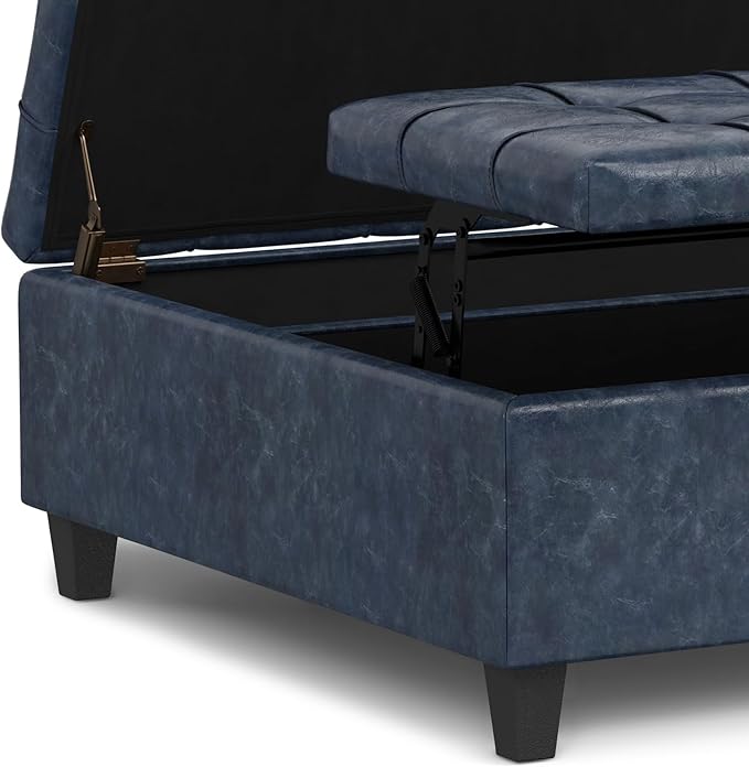 SIMPLIHOME Harrison Large Coffee Table Storage Ottoman - 40 inch Wide Upholstered Vegan Leather Square Lift-Top Ottoman in Denim Blue, Transitional Bench for Living Room with Sturdy Base
