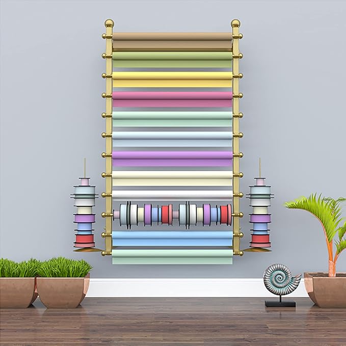 Flower Shop Ribbons Rolls Storage Organizer, Wall Mount Metal Removable Crossbar Gift Wrapping Paper Rack for Cake Stores (Color : White, Size : 120cm/47.2in) (Gold 70cm/27.5in)