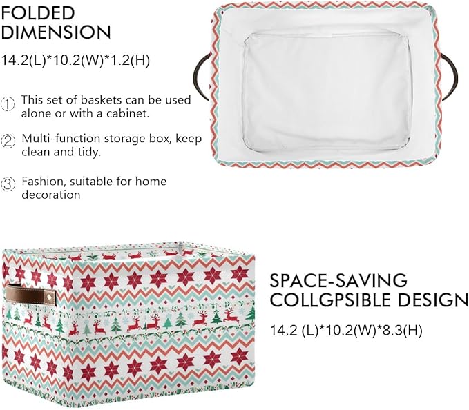 Christmas Storage Box, Canvas Foldable Organizer with Reindeer Pattern, 14.2x10.2x8.3 Inches, Brown Leather Handles, for Bedroom Closet Storage