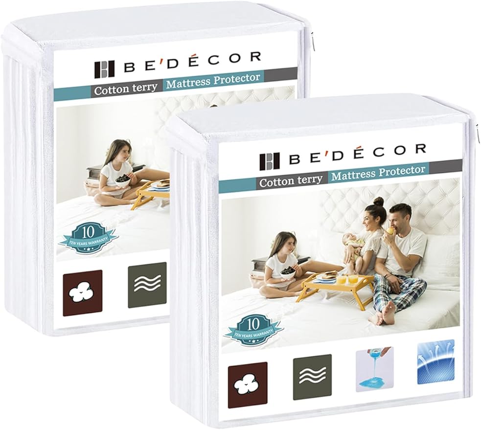 Bedecor 2 Packs Twin Mattress Protector Waterproof Protection Soft Cotton Terry Top Cover,for Babies Pregnant Women Incontinent Persons Deep Pocket to 18"