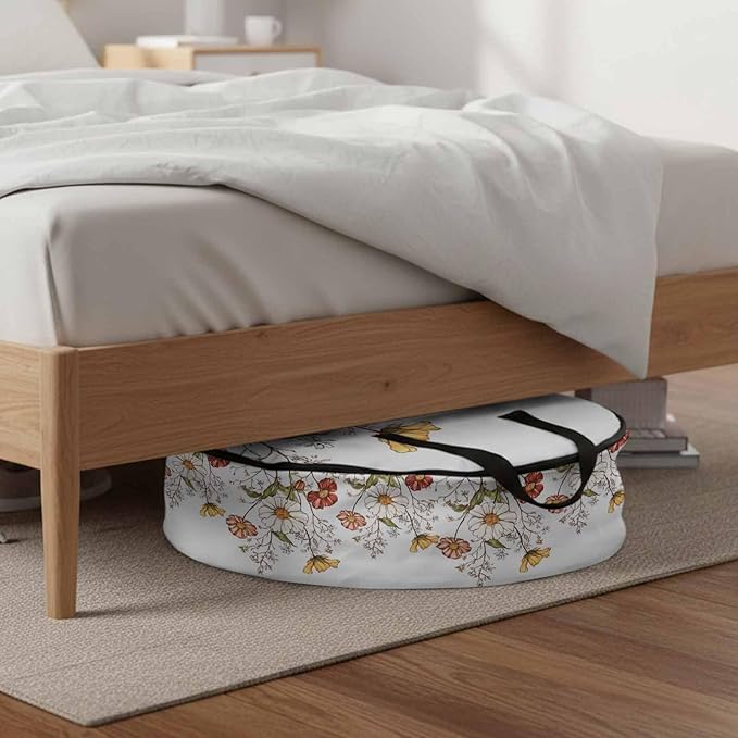 Daisy Flowers Round Storage Bag 24 Inch, Plants Spring Clothes Storage Container with Handles Heavy Duty Organizer for Comforter, Bedding & Holiday Wreaths