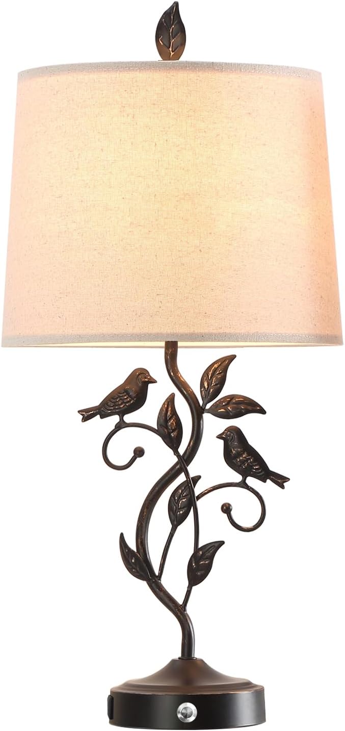 RORIANO 27" Touch Farmhouse Table Lamps for Living Room with 3-Way Dimmable 2 USB Ports, Vintage Rustic Iron Leaf Nightstand Lamp for Bedroom, LED Bulb Included