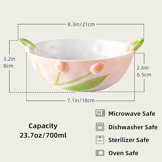 Ceramic Fruit Bowl with Handles, 3D Hand-Painted Lutip Floral Design Serving Bowl for Soup, Pasta, Salad and Snacks, 24oz, Microwave & Dishwasher Safe