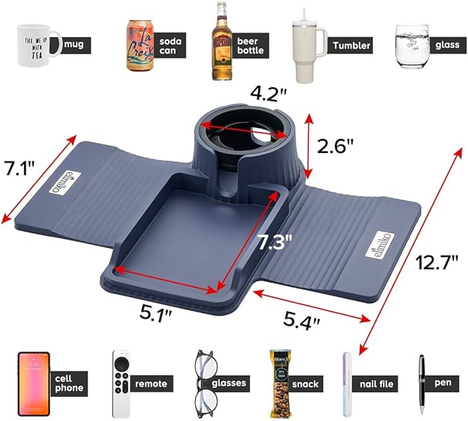 Couch Cup Holder Tray, Elimiko Silicone Sofa Drink Holder with Large Cup Holder and Tray, for Oversized Mugs/Long Remote/Snacks/Cellphone (Navy Blue)