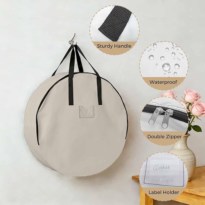 24 Inch Round Storage Bag 1 Pack,Watercolor Minimalist Pure Color Waterproof Wreath Storage Container with Handles&Zipper White Modern Art Closet Organizer Bags Garland Box