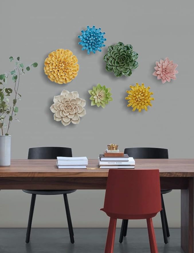 SEINHIJO Ceramic Flower Wall Decor 3D Wall Art Sculpture Modern Art Gift for Bedroom Living Room Home Office Yellow 6.7 Inch