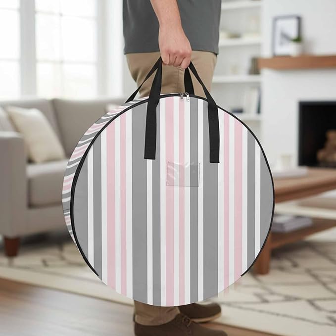 Storage Bag Pink Stripes Round Storage Totes Bins Closet Organizers with Zippers & Handle Grey Striped Lines Clothes Storage Container for Bedroom Dorm Space Saving Packing Supplies Moving Bags