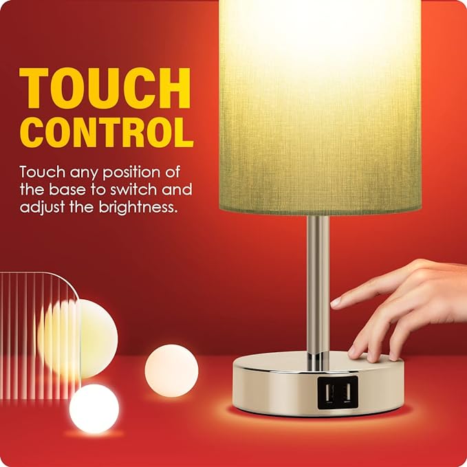 Yarra-Decor Bedside Lamp with USB Port - Touch Control Table Lamp for Bedroom 3 Way Dimmable Nightstand Lamp with Round Denim Fabric Shade for Living Room, Dorm, Home Office (LED Bulb Included)