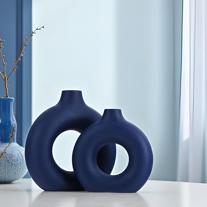 Navy Blue Ceramics Vase for Home Decor,Minimalist Nordic Hollow Donut Vase Set of 2,Modern Navy Blue Decor for Kitchen Table Centerpiece,Living Room,Fire Place,Bookshelf,Office,Entryway,Console