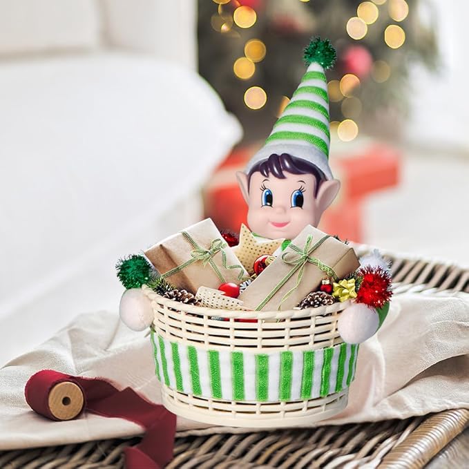 Christmas Elf Storage Gift Basket Ornament, Small Empty Xmas Box Decoration Cute Plastic Organizer Basket for Kids Elf Holder for Gift,Chocolate,Toys or Candies Christams Decor (Green)