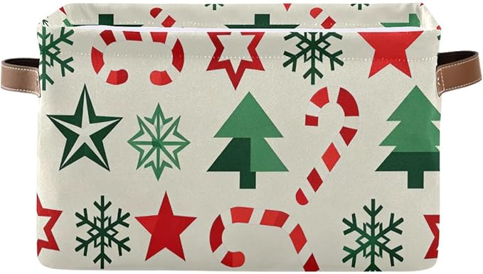 Christmas Storage Baskets, Canvas Fabric Bins with Holiday Pattern, Collapsible Organizer with Handles, 14.2x10.2x8.3 Inches