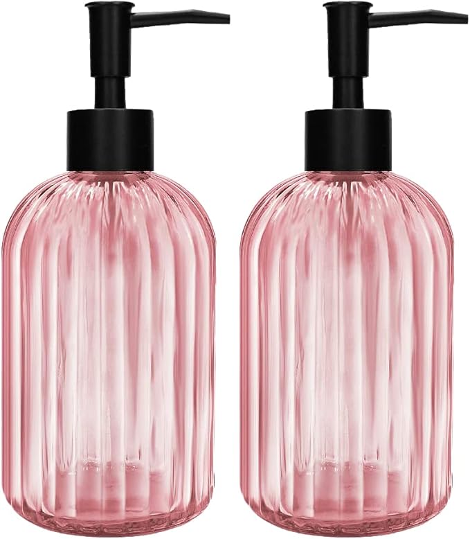 Pack of 2 Glass Soap Dispenser with Black Pump, 400 ml Refillable Pump Dispenser for Kitchen, Bathroom, Laundry Room, Liquid Glass Bottle for Washing Up Liquid, Shampoo, Conditioner (Pink)