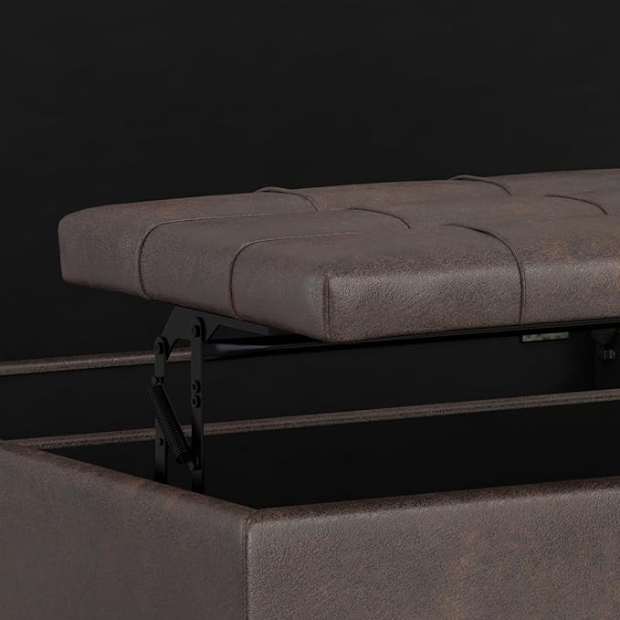 SIMPLIHOME Harrison Large Coffee Table Storage Ottoman - 40 inch Wide Upholstered Vegan Leather Square Lift-Top Ottoman in Distressed Brown, Transitional Bench for Living Room with Sturdy Base
