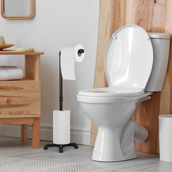 MOOACE Toilet Paper Holder Stand, Industrial Free Standing Bathroom Tissue Paper Roll Dispenser, Black