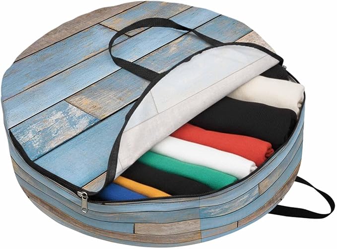 Storage Bag Blue Wood Grain Round Storage Totes Bins Closet Organizers with Zippers & Handle Brown Wooden Plank Clothes Storage Container for Bedroom Dorm Space Saving Packing Supplies Moving Bags