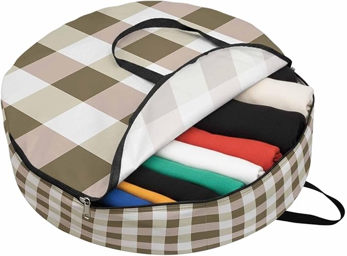 Brown Yellow Plaid Round Storage Bag 36 Inch, Simple Pattern Clothes Storage Container with Handles Heavy Duty Organizer for Comforter, Bedding & Holiday Wreaths