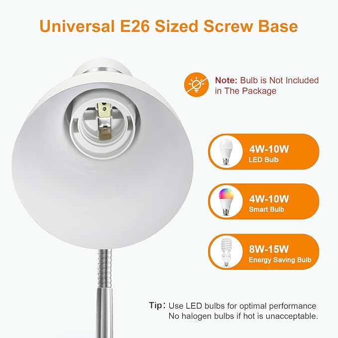 LEPOWER Metal Desk Lamp, Adjustable Goose Neck Table Lamp, Eye-Caring Study Desk Lamps for Bedroom, Study Room and Office (White)