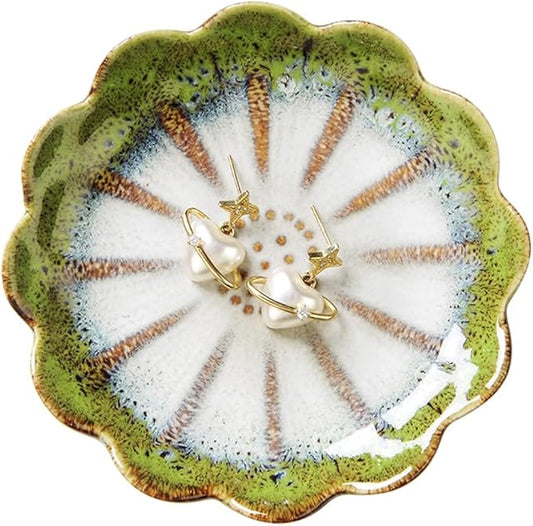 Lotus Ring Holder Dish Small Indoor Ash Tray, Ceramic Dessert Plate Trinket Jewelry Holder Organizing Necklace Earrings for Parents Friends Sister, All Jewelries Are NOT Included. Grass Green.