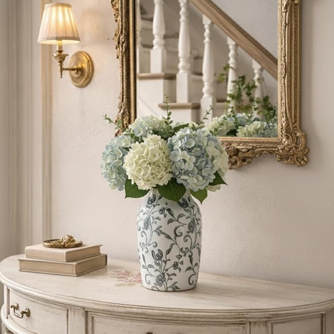 SIDUCAL Ceramic Vintage Vase, 7 Inch Retro Ice Cracked Chinoiserie Floral Vase, Rustic Farmhouse Vases for Home Decor, Bookshelf, Office, Garden, Chinoiserie Decor, Tuscan Decor, Gray Floral Pattern