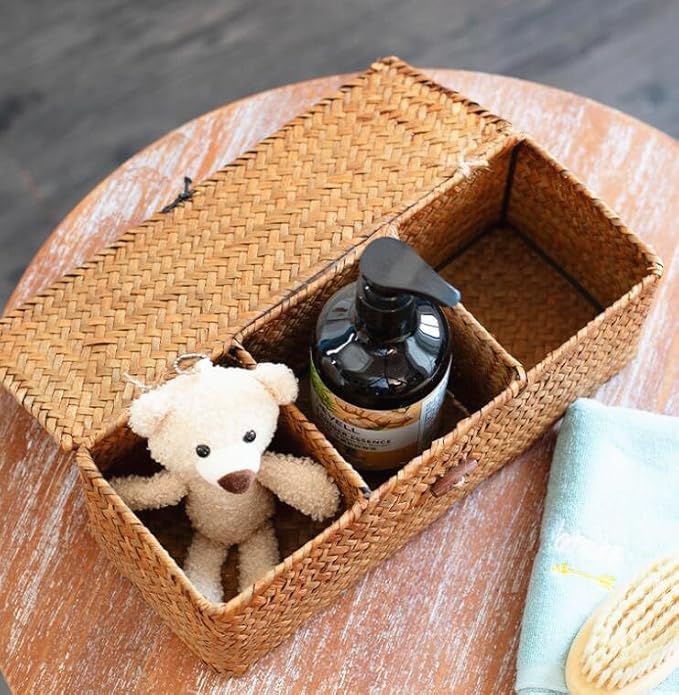 EatingBiting 13"x5" Seagrass Storage Basket with Lid Rectangular Small Woven Shelf Baskets Organize Hand Woven Storage Baskets Dust Clothing Storage-Box Wardrobe Container Sundries Organizer 3 Grids