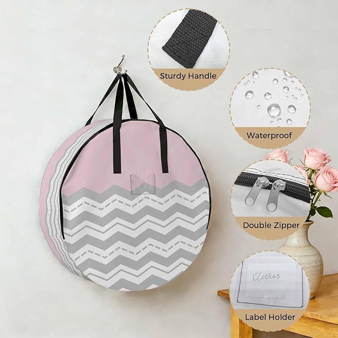 Storage Bag Pink Grey Waves Round Storage Totes Bins Closet Organizers with Zippers & Handle Chevron Stripe Clothes Storage Container for Bedroom Dorm Space Saving Packing Supplies Moving Bags