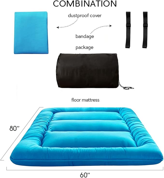 MAXYOYO Japanese Floor Mattress Futon Mattress, Thicken Tatami Mat Sleeping Pad Foldable Roll Up Mattress Boys Girls Dormitory Mattress Pad Kids Floor Lounger Couches and Sofas, Turquoise, Queen