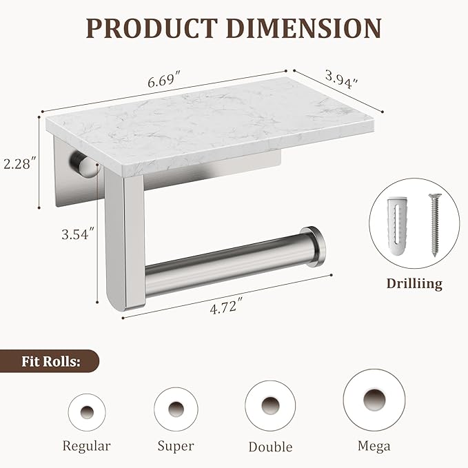BWE Brushed Nickel Toilet Paper Holder with Marble Shelf, Toilet Paper Roll Holder Wall Mounted, Toilet Paper Roll Holder with Phone Shelf 304 Stainless Steel Tissue Holder for Bathroom Washroom