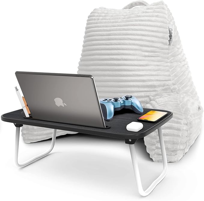 Nestl White Reading Pillow with Bed Desk for Laptop and Writing, Luxe Cut Plush Back Pillow for Sitting Up, Back and Arms Adjustable Support for Adult and Teens, Foldable Lap Desk for Bed 22x14”