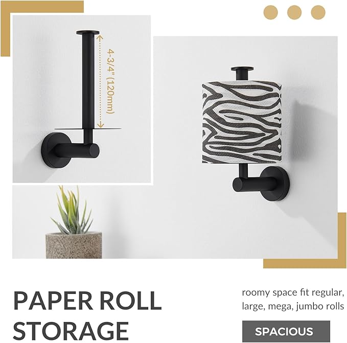 Vertical Tray Toilet Paper Holder, Aomasi 304 Stainless Steel Tissue Roll Hanger with Round Plate, Matte Black Bathroom Kitchen Paper Roll Dispenser Wall Mounted