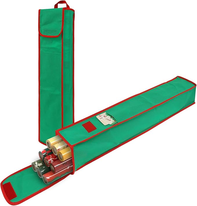 2 Psc Gift Wrapping Paper Organizer Storage Bag Containers with Pocket and Handles, 29" x 5.5" x 5.5", Green