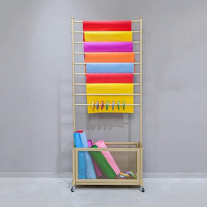 H67 Ribbon Holder Organizer Rack, Large Capacity Movable Metal Vinyl Roll/Fabric Storage with Storage Basket, Gift Wrapping Organizer Storage for Designer Artist(Gold,27.56x67in)