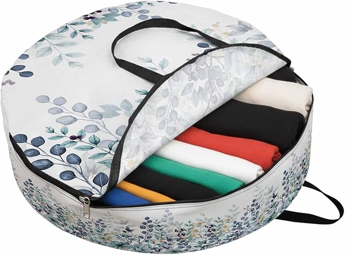 Storage Bag Blue Eucalyptus Leaves Round Storage Totes Bins Closet Organizers with Zippers & Handle Berry Branch Nature Plant Clothes Storage Container for Bedroom Dorm Space Saving Packing Supplies