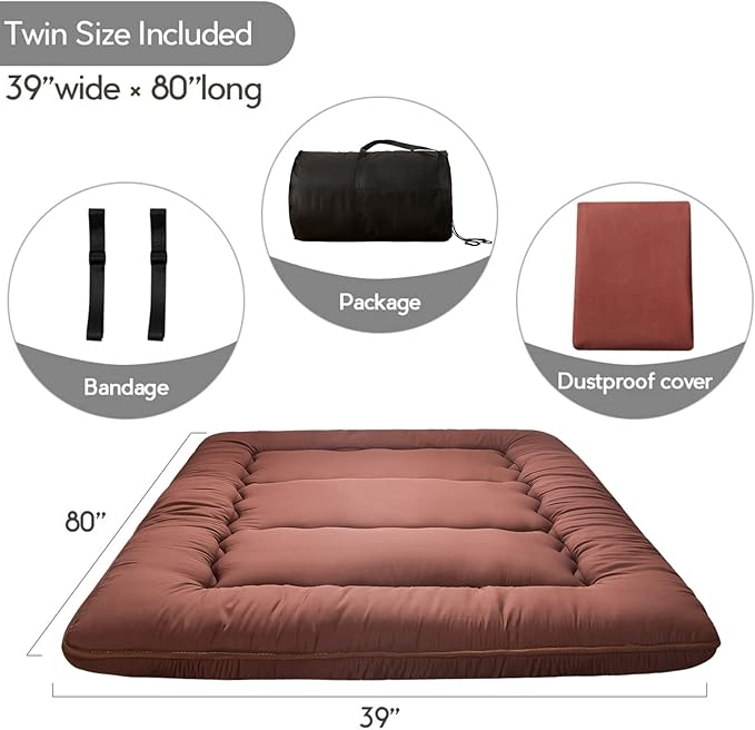 MAXYOYO Japanese Floor Mattress Futon Mattress, Thicken Tatami Mat Sleeping Pad Foldable Roll Up Mattress Boys Girls Dormitory Mattress Pad Kids Floor Lounger Couches and Sofas, Coffee, Twin Size