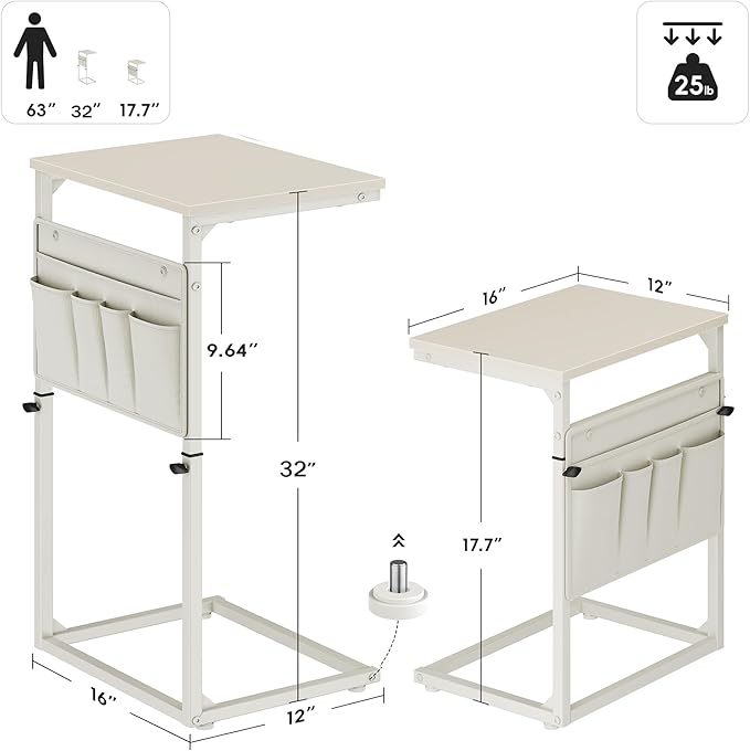 Vagusicc C Shaped End Table, 32'' Tall Side Table for Couch, Adjustable Height Small Couch Side Table for Small Spaces, End Table Slide Under Sofa Table TV Tray Table Arm Table for Living Room