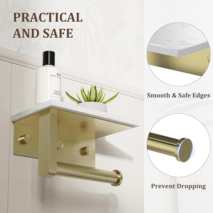 BWE Brushed Gold Toilet Paper Holder with Marble Shelf, Toilet Paper Roll Holder Wall Mounted, Toilet Paper Roll Holder with Phone Shelf 304 Stainless Steel Tissue Holder for Bathroom Washroom