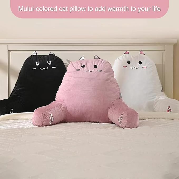 SUNSIDE Kitty Reading Pillow for Sitting in Bed, Cute Back Pillows for Adult and Children, Shredded Memory Foam Pillow with Arms, Cat Design Bed Pillows, Back Support Pillow with Washable Cover