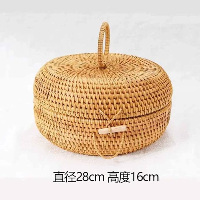 Fengyan Storage Natural Autumn Rattan Storage Basket, Dining Coffee Table Plate, Braided Round Ornaments with Lid and Buckle(Large)