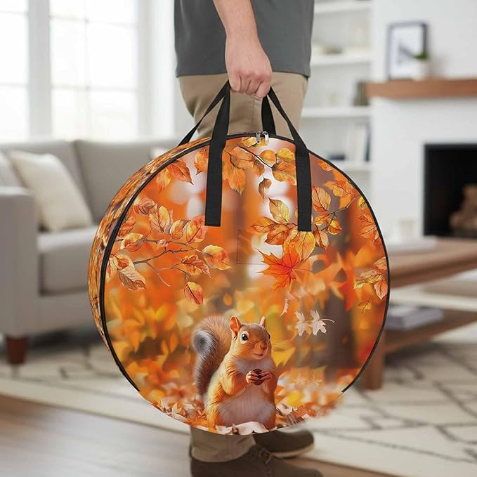 Orange Leaves and Squirrel Round Storage Bag 24 Inch, Fall Maple Leaf Thanksgiving Clothes Storage Container with Handles Heavy Duty Organizer for Comforter, Bedding & Holiday Wreaths