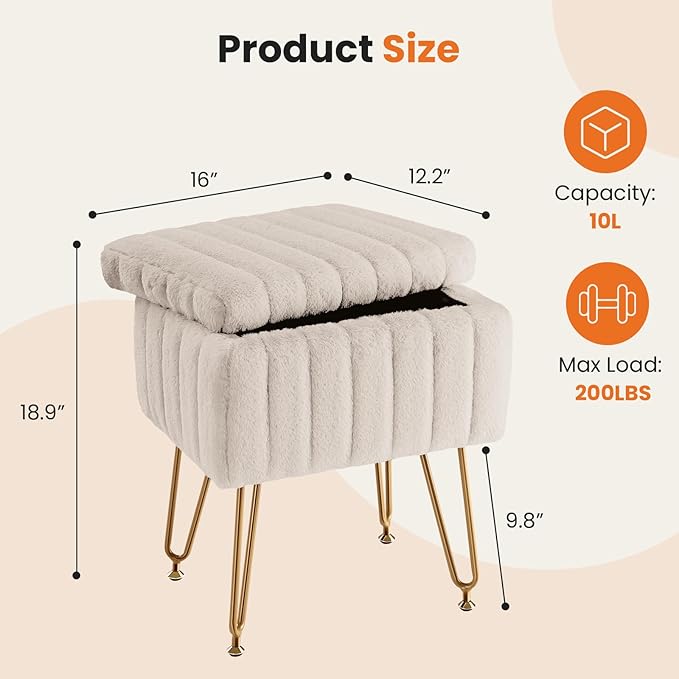 DUMOS Vanity Stool Chair, Ottoman with Storage, Makeup Cute Soft Small Footstool, Modern Style Faux Fur Seat with 4 Metal Legs & Adjustable Feet for Dressing, Living Room Bedroom Dorm, Camel