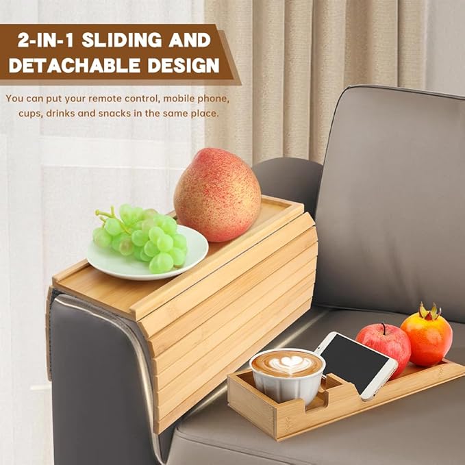 Bamboo Couch Armrest Table, Anti Falling Sofa Arm Tray with Removable Couch Cup Holder for Drink & Snack, Foldable Tray with Coasters for Couch, Recliner, or Loveseat