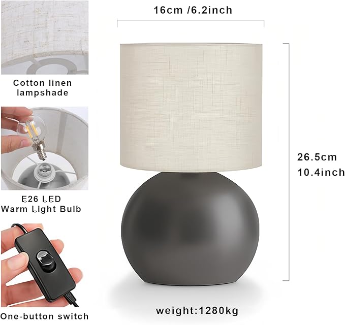 Modern Small Table Lamp Set of 2, Minimalist Nightstand Bedside Lamps with One-Button Inline Switch, 10.4 Inch Desk Light for Bedroom, Living Room,Including Light Bulb（Grey）