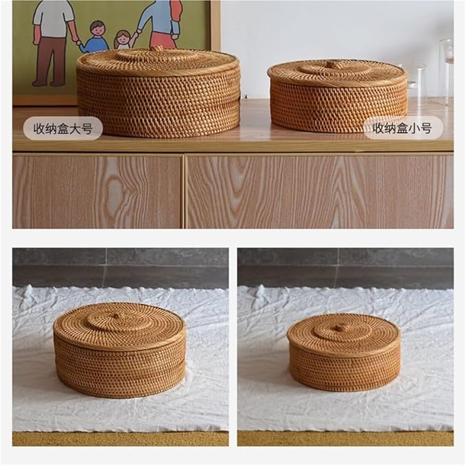 Fengyan Storage Natural Autumn Rattan Storage Basket, Dining Coffee Table Plate, Braided Nut Ornaments with Lid(Large)