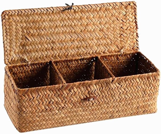 EatingBiting 13"x5" Seagrass Storage Basket with Lid Rectangular Small Woven Shelf Baskets Organize Hand Woven Storage Baskets Dust Clothing Storage-Box Wardrobe Container Sundries Organizer 3 Grids