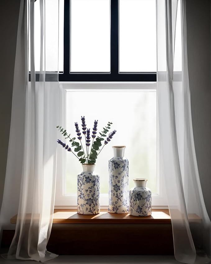 Ceramic Vase Set of 3, Vintage Ceramic Flower Vases, Crackle-Glaze & Distressed Rim, Blue Botanical Pattern, for Home Decor, Living Room Mantel & Dining Table Centerpiece