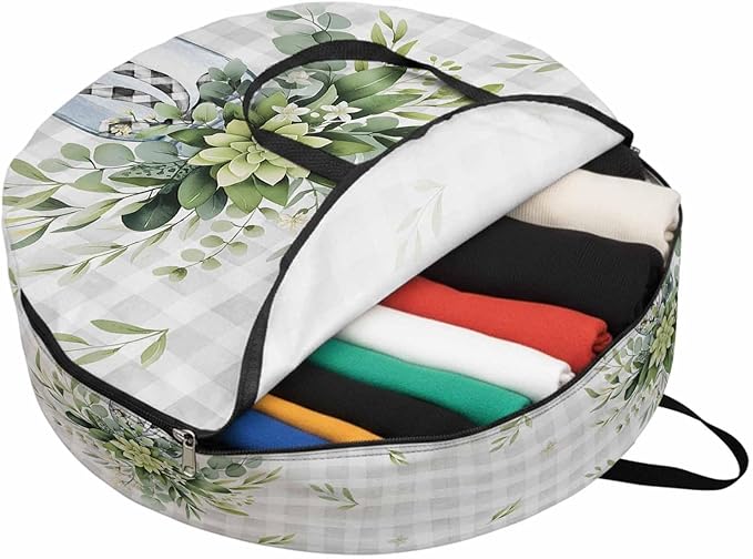Storage Bag Eucalyptus Leaves Vase Round Storage Totes Bins Closet Organizers with Zippers & Handle Green Leaf Floral Grey Plaid Clothes Storage Container for Bedroom Space Saving Packing Supplies