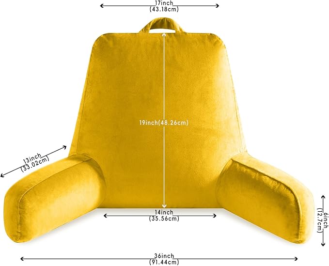 OAISZ Reading Pillow for Sitting in Bed Adult, X-Large Reading Pillow with Shredded Memory Foam, Back Pillow for Sitting Up with Extend Arms, Pockets, Bed Pillow with Washable Cover, Yellow